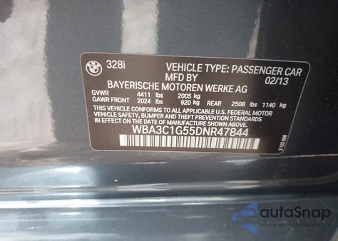 2013 BMW 328I from USA, damaged, VIN WBA3C1G55DNR47844
